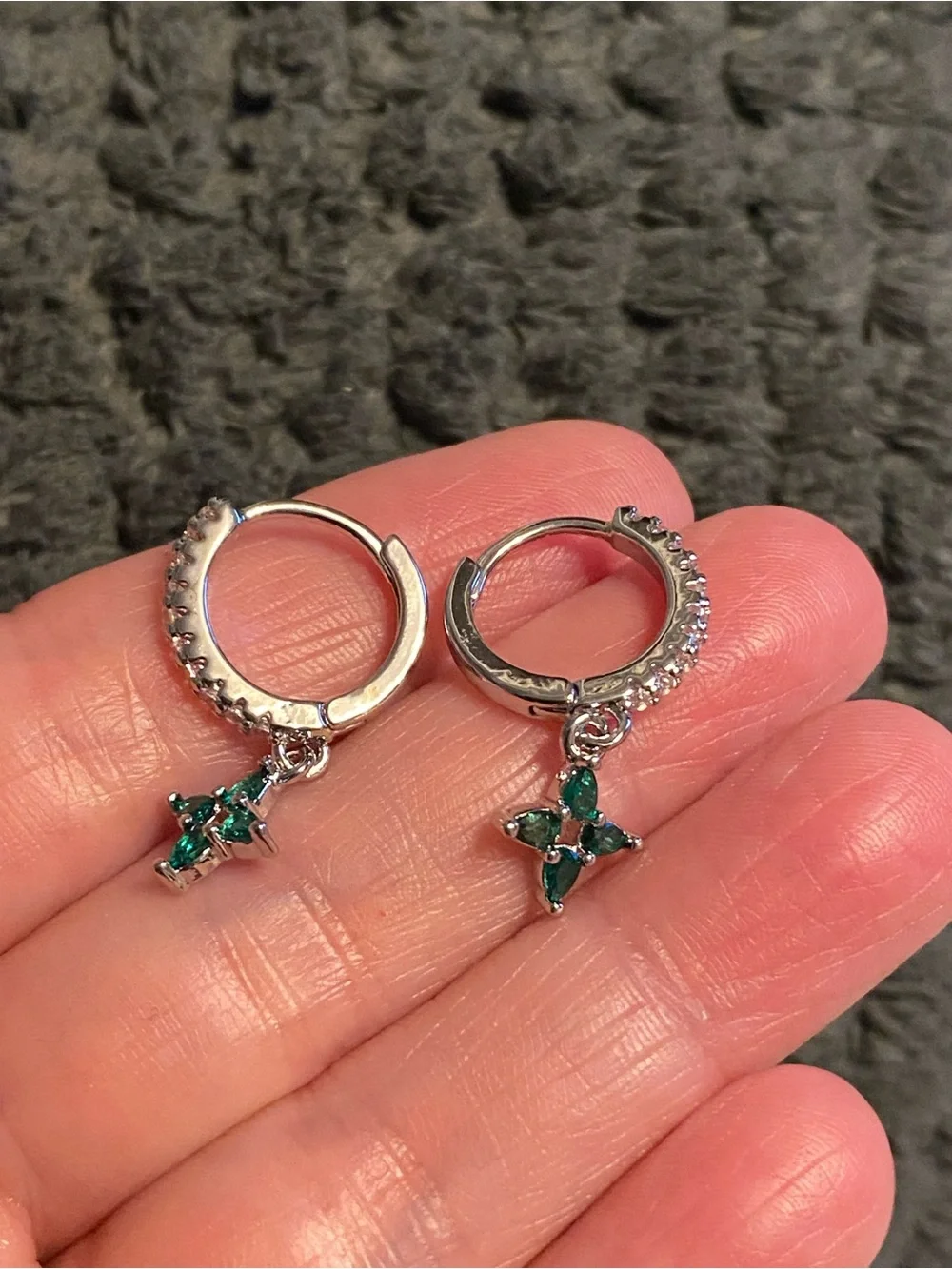 Silver Huggie Earrings with Green Stone Cross Dangles